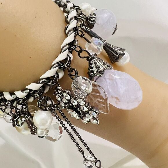 Art Glass Dangle Charm Bracelet Faux Pearl Leather Lilac Rhinestone Dangle - Picture 2 of 12